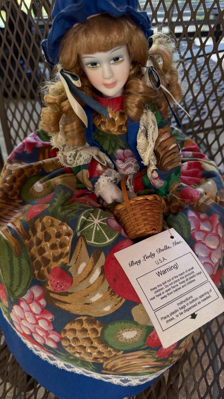 Bag Lady Dolls Greta 1996 Porcelain Doll with Fruit Dress and Basket